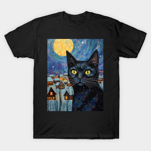 Black Cat Christmas Starry Night T-Shirt by VisionDesigner